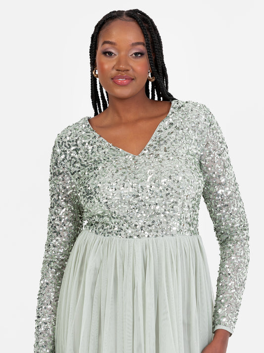 Maya Sage Green V Neck Embellished Long Sleeve Maxi Dress