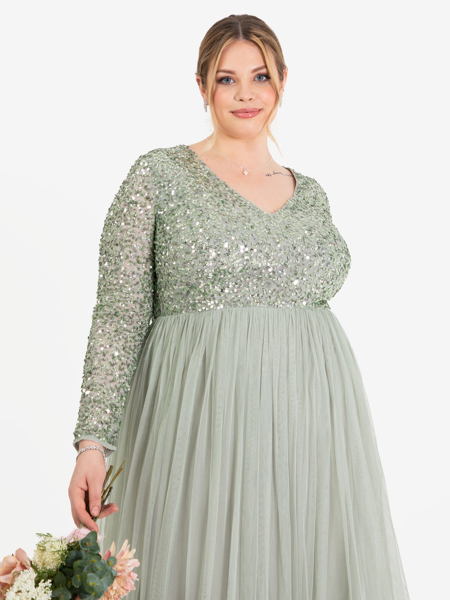 Maya Sage Green V Neck Embellished Long Sleeve Maxi Dress