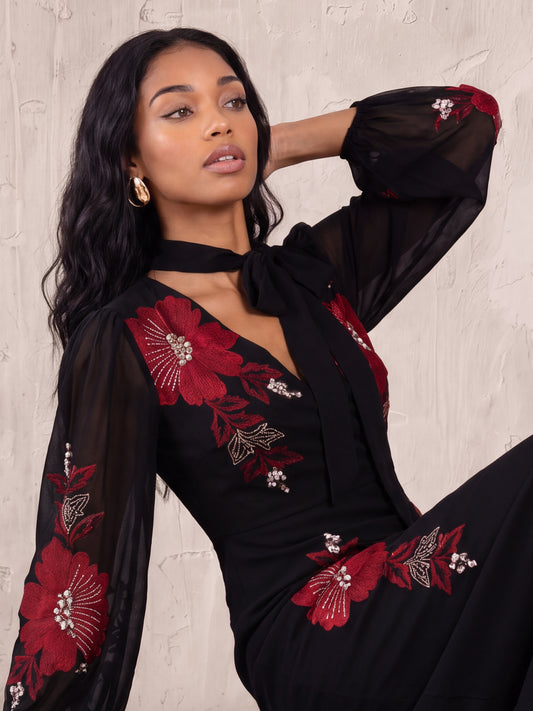 Maya Black Floral Embroidered Faux Wrap Maxi Dress with Necktie