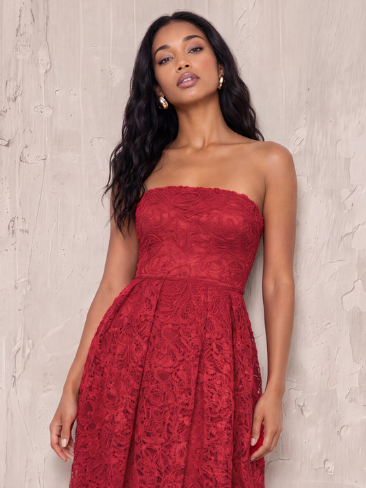 Maya Red Textured Lace Bandeau Midaxi Dress with Pockets