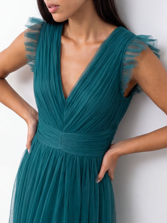 Anaya With Love Recycled Teal Flutter Sleeve Maxi Dress