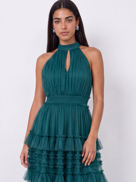 Anaya With Love Recycled Teal Halter Neck Tiered Maxi Dress