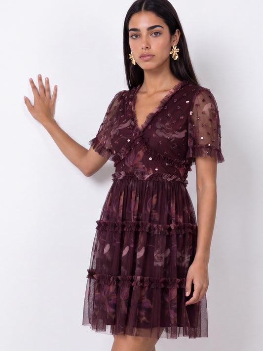 Anaya With Love Recycled Embellished Floral Print Tiered Mini Dress