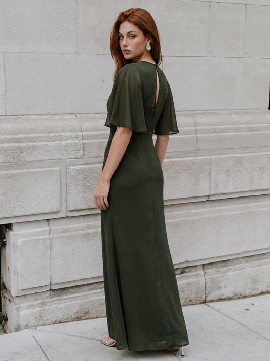 Maya Forest Green Floral Embellished Angel Sleeve Maxi Dress