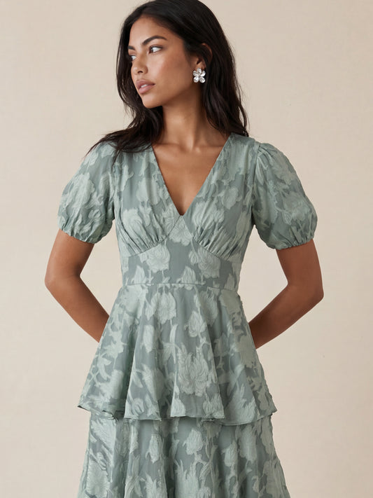 Anaya With Love Recycled Willow Green Floral Burnout Tiered Maxi Dress