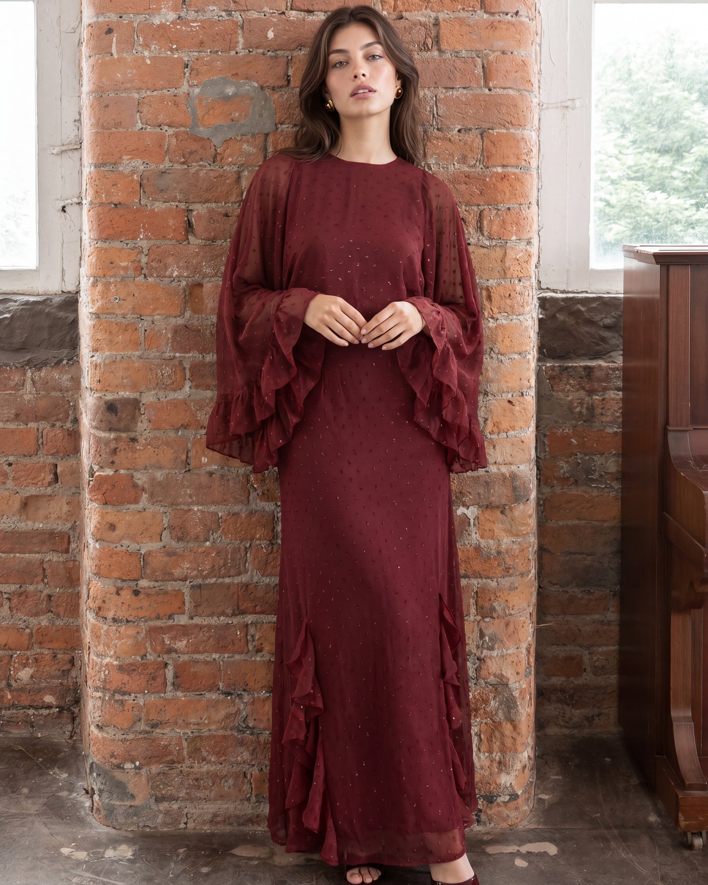 Anaya With Love Recycled Chocolate Oversized Ruffle Sleeve Maxi Dress