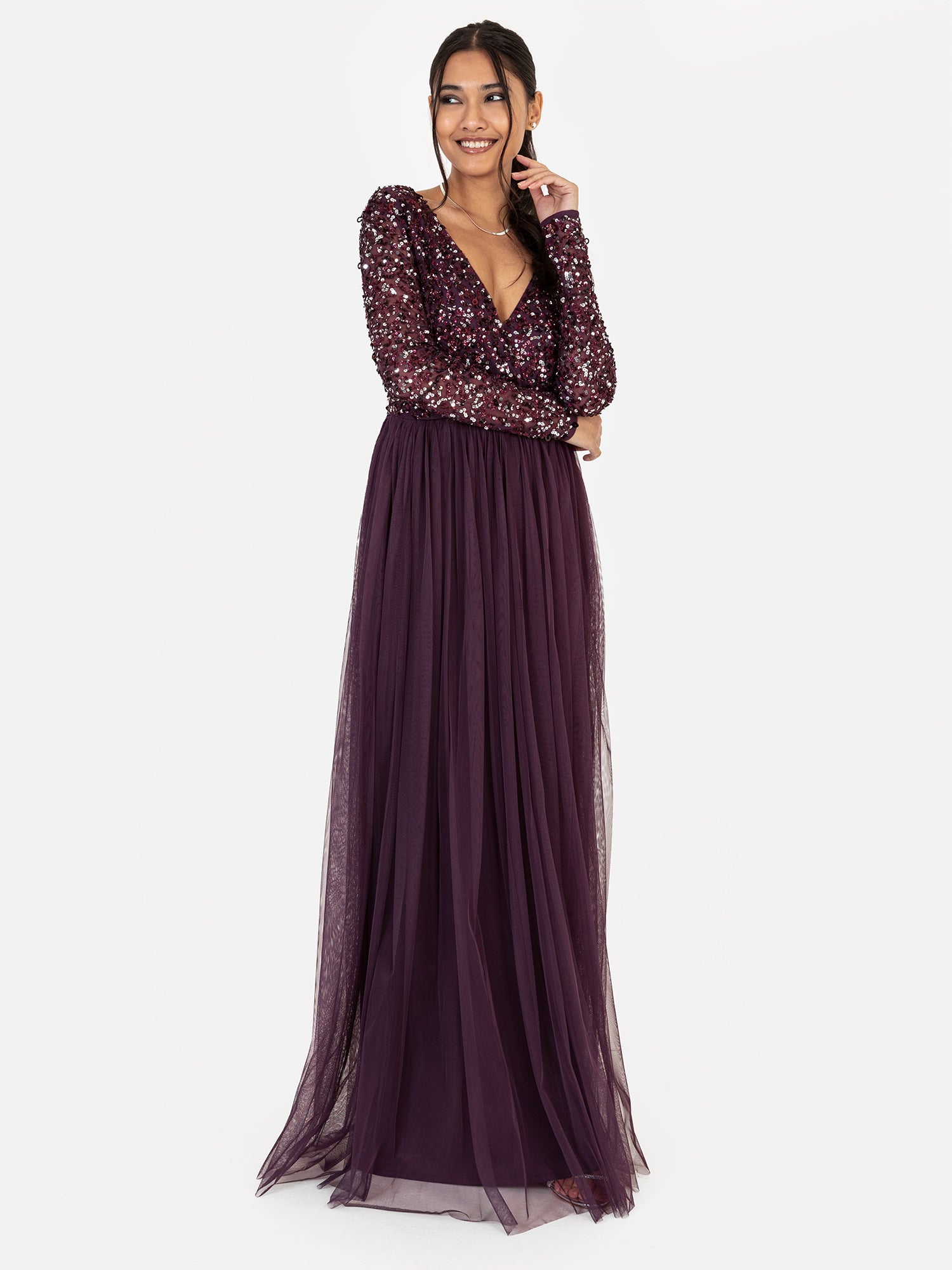 Maya Berry Faux Wrap Front Embellished Maxi Dress – Maya Deluxe