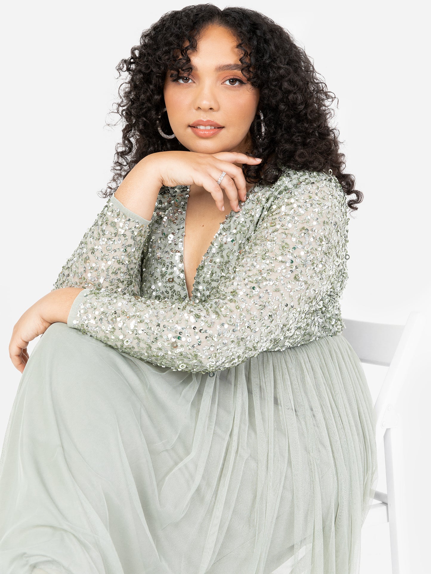 Maya Sage Green Faux Wrap Front Embellished Maxi Dress