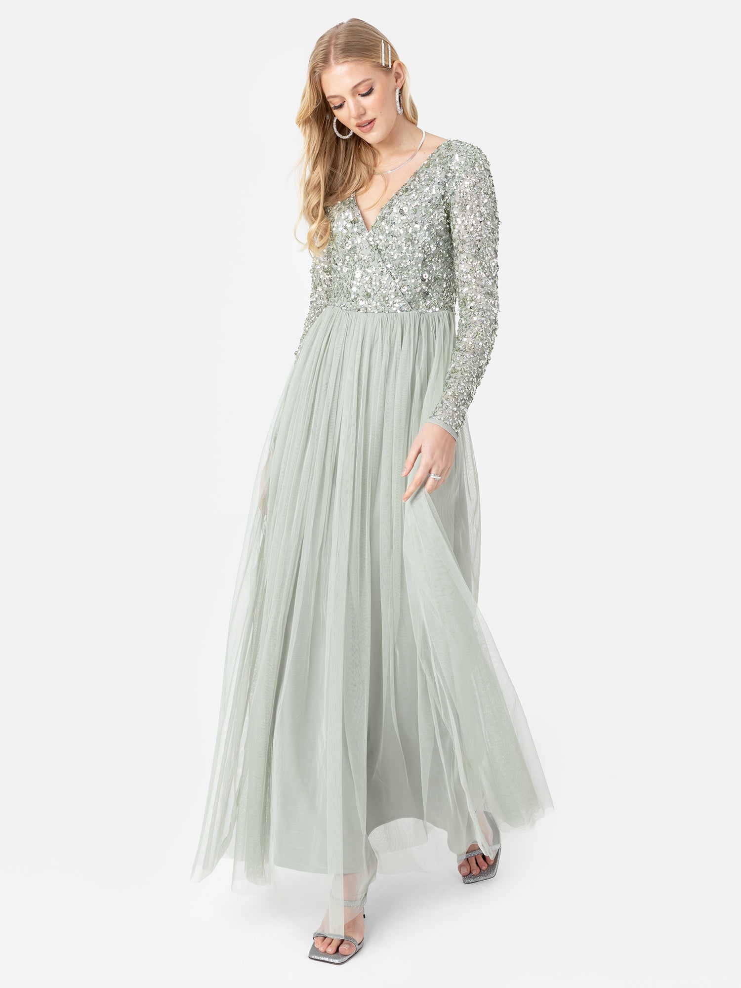 Maya Sage Green Faux Wrap Front Embellished Maxi Dress Maya Deluxe Maya Sage Green Faux Wrap Front Embellished Maxi Dress Maya Deluxe