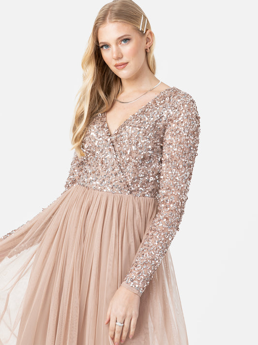 Maya Taupe Blush Faux Warp Front Embellished Maxi Dress