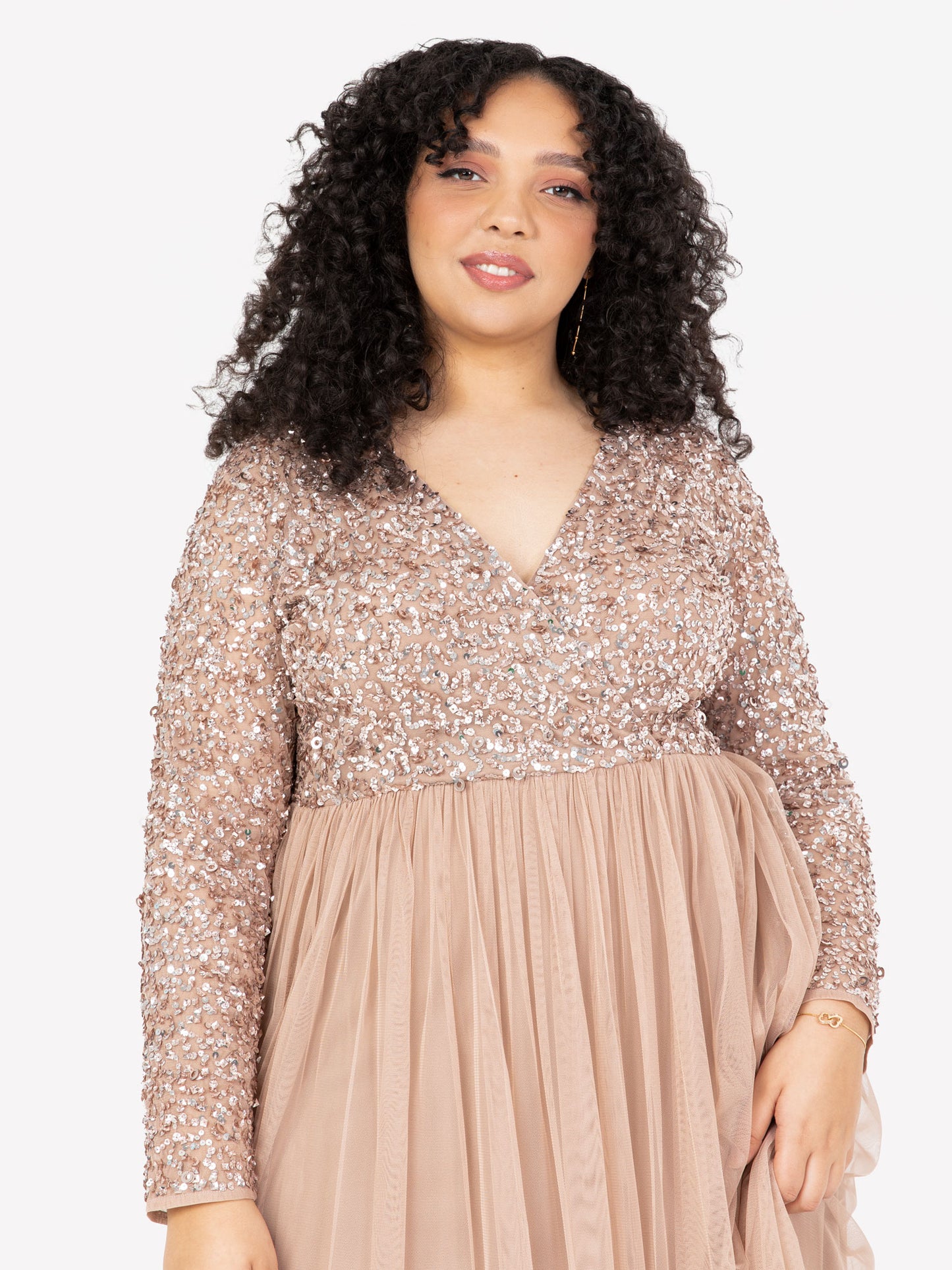 Maya Taupe Blush Faux Warp Front Embellished Maxi Dress