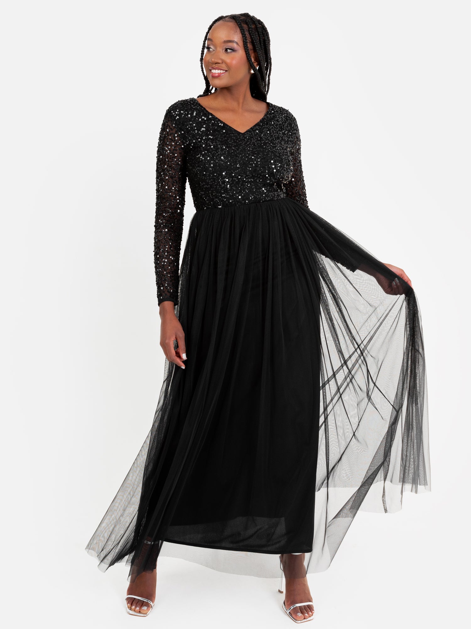 Maya Black V Neck Embellished Long Sleeve Maxi Dress – Maya Deluxe