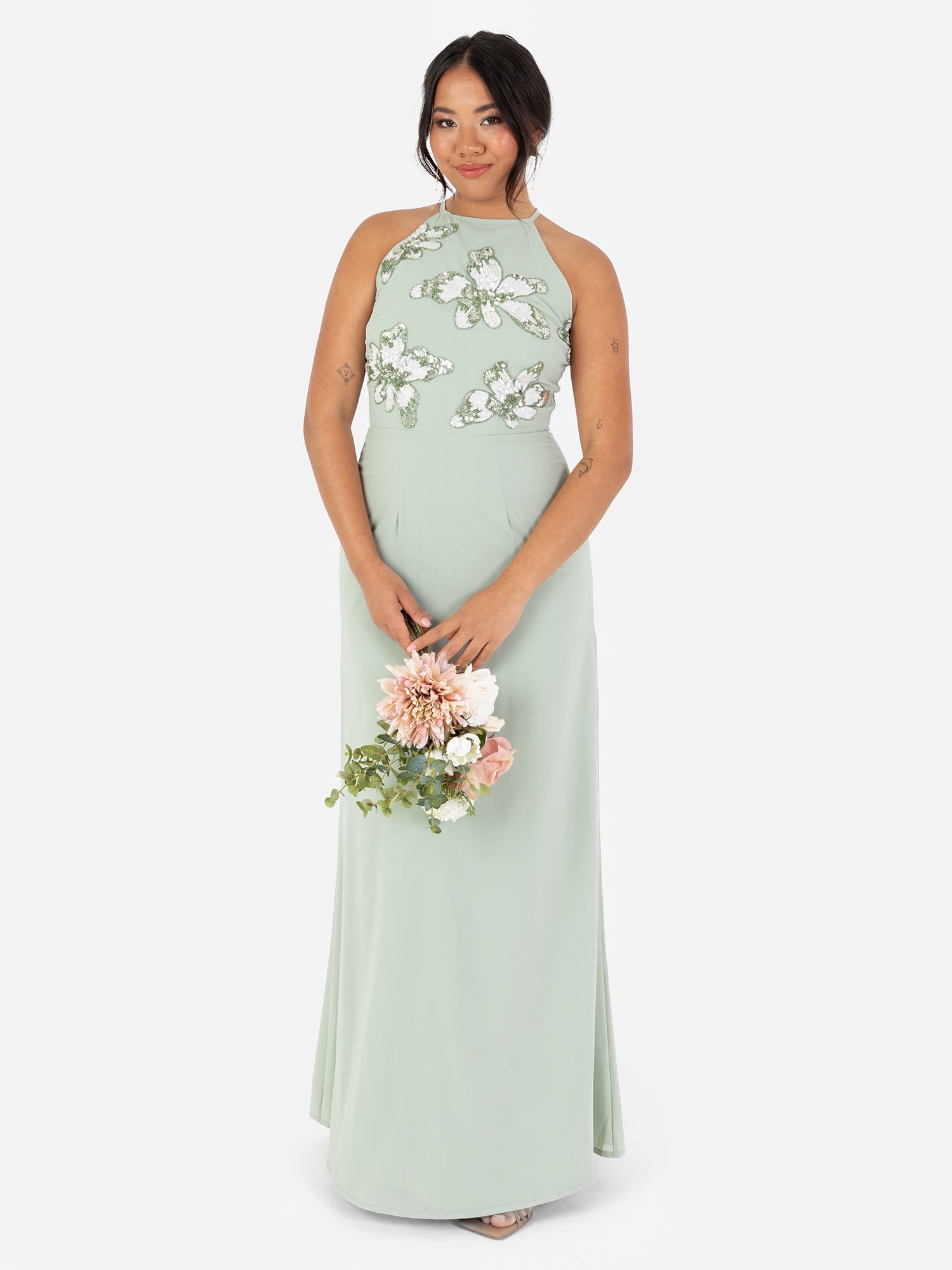 Maya Sage Green Floral Embellished Halter Neck Chiffon Maxi Dress – Maya  Deluxe