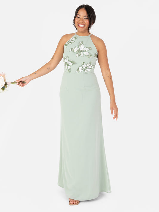 Maya Sage Green Floral Embellished Halter Neck Chiffon Maxi Dress