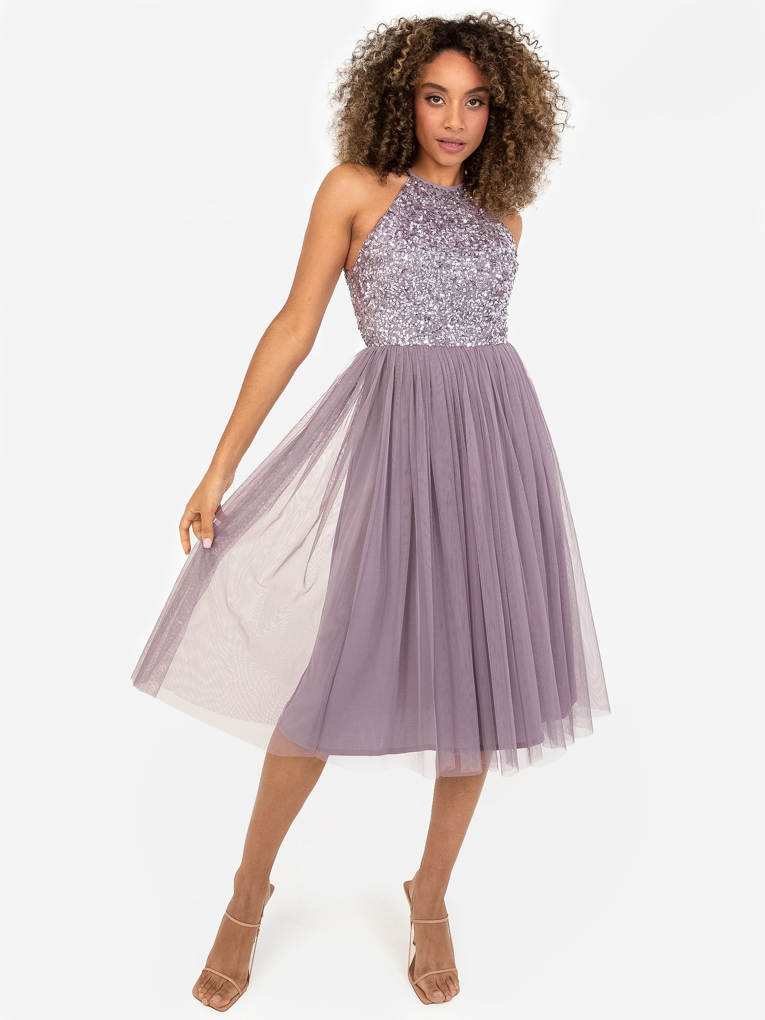 Maya Moody Lilac Embellished Halter Neck Midi Dress – Maya Deluxe