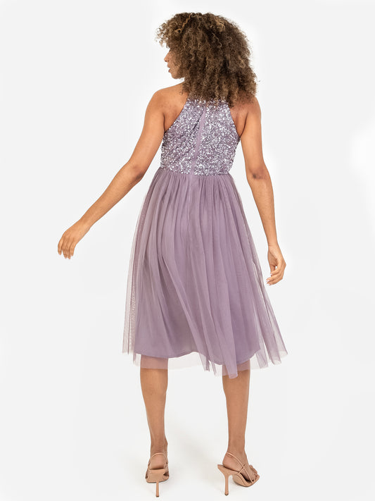 Maya Moody Lilac Embellished Halter Neck Midi Dress