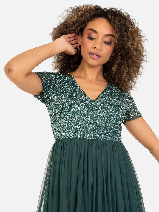 Maya Emerald Green V Neckline Embellished Midi Dress