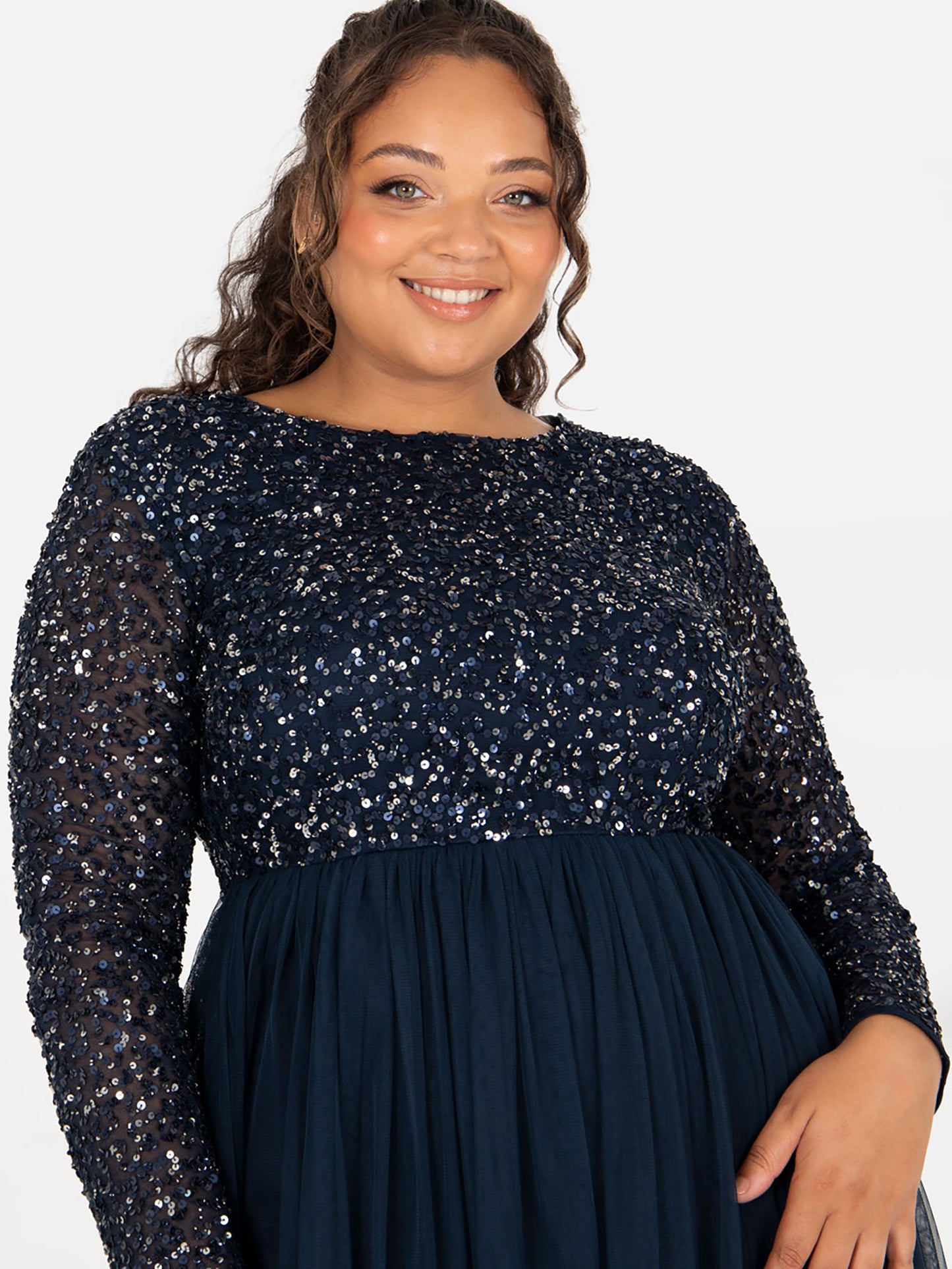 Maya Navy Embellished Long Sleeve Maxi Dress