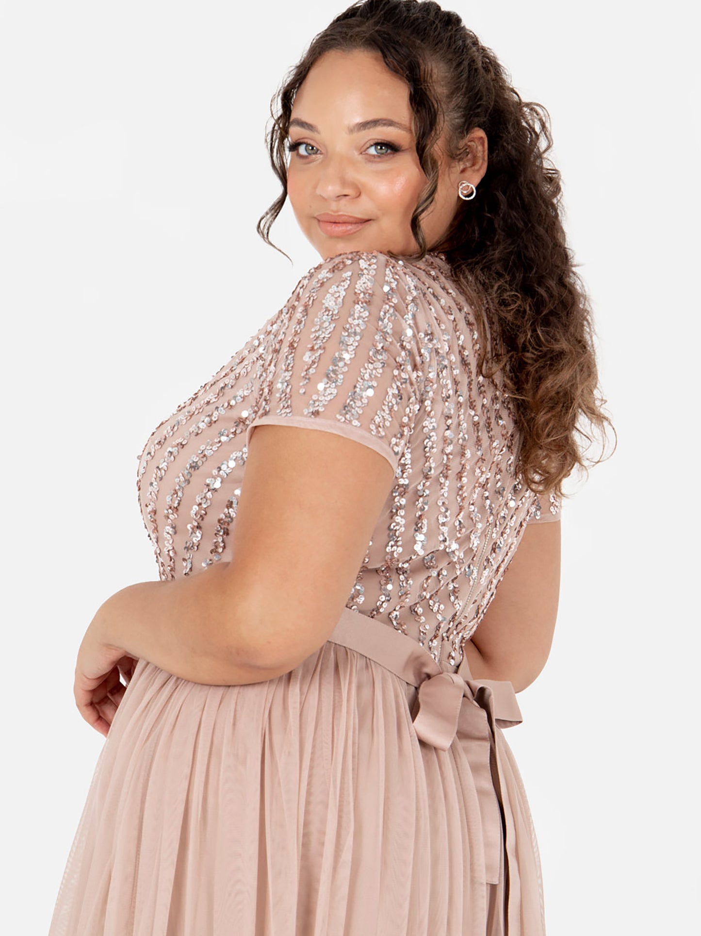 Maya Taupe Blush Stripe Embellished Maxi Dress With Sash Belt