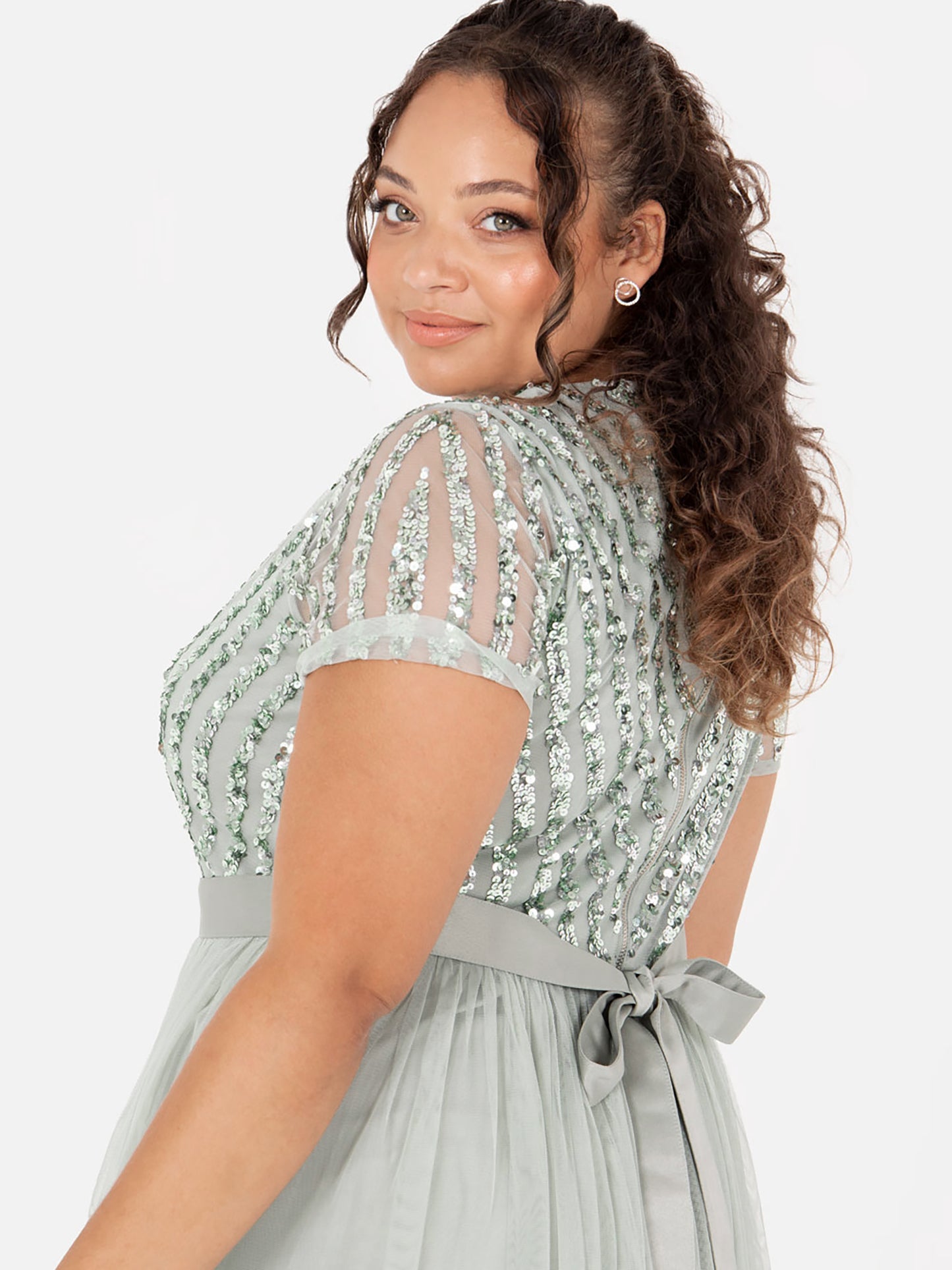 Maya Sage Green Stripe Embellished Maxi Dress With Sash Belt