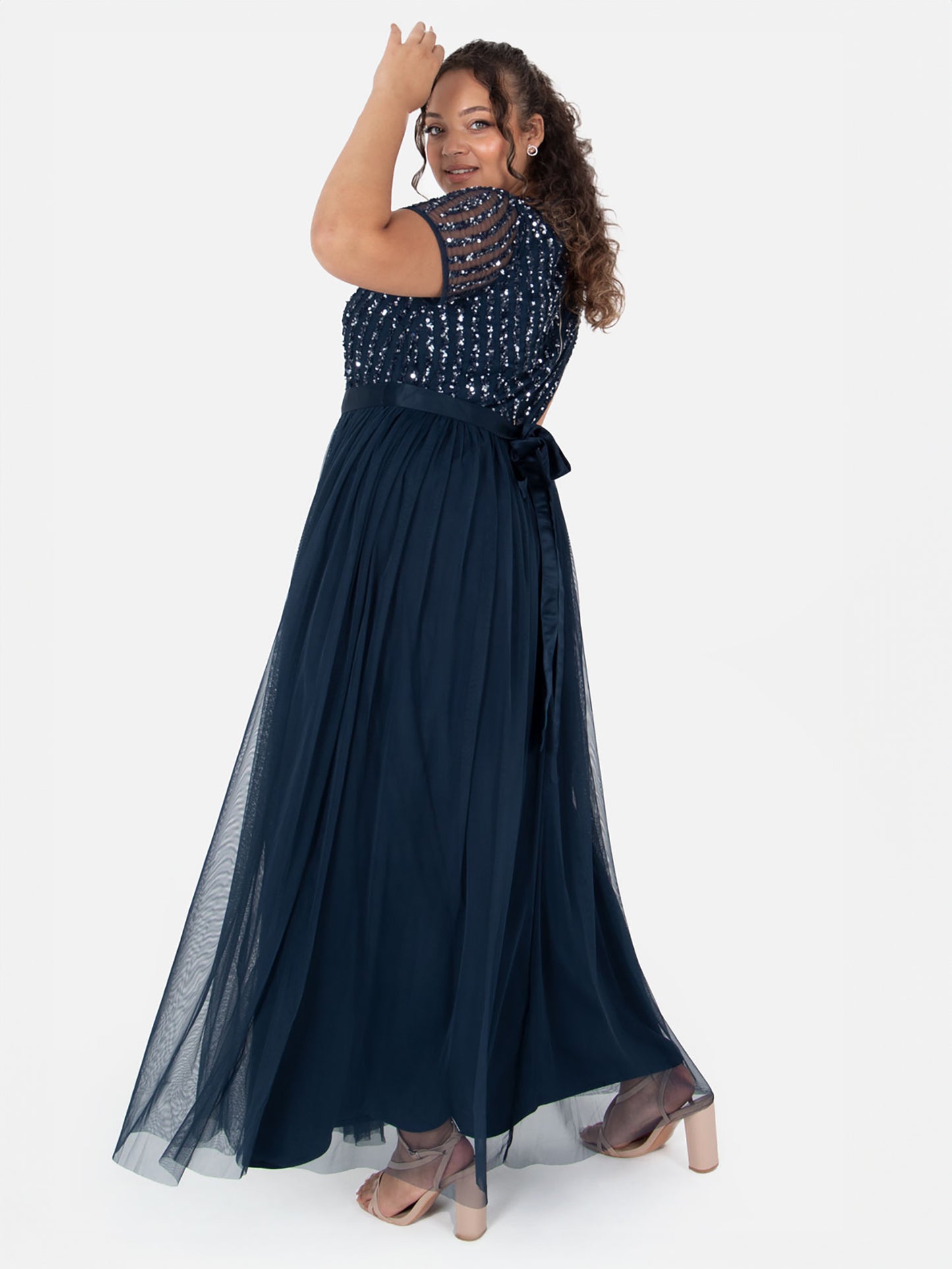 Maya Navy Stripe Embellished Maxi Dress With Sash Belt