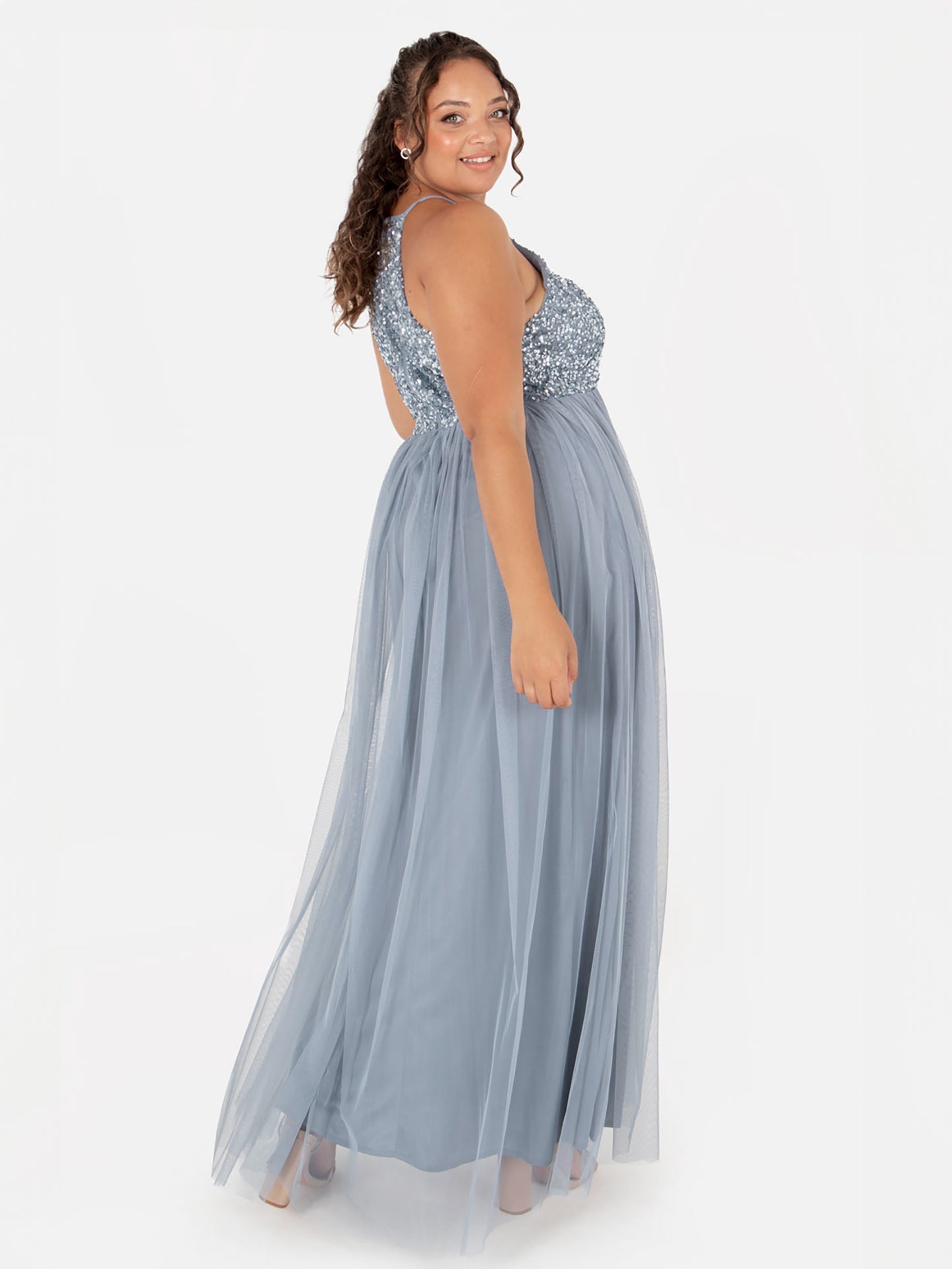 Maya Dusty Blue Embellished Halter Neck Maxi Dress