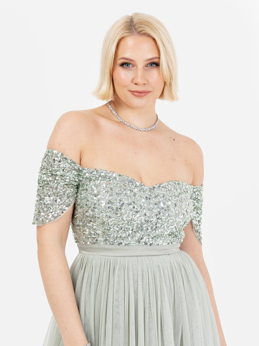 Maya Sage Green Embellished Sweetheart Bardot Maxi Dress with Skirt Split