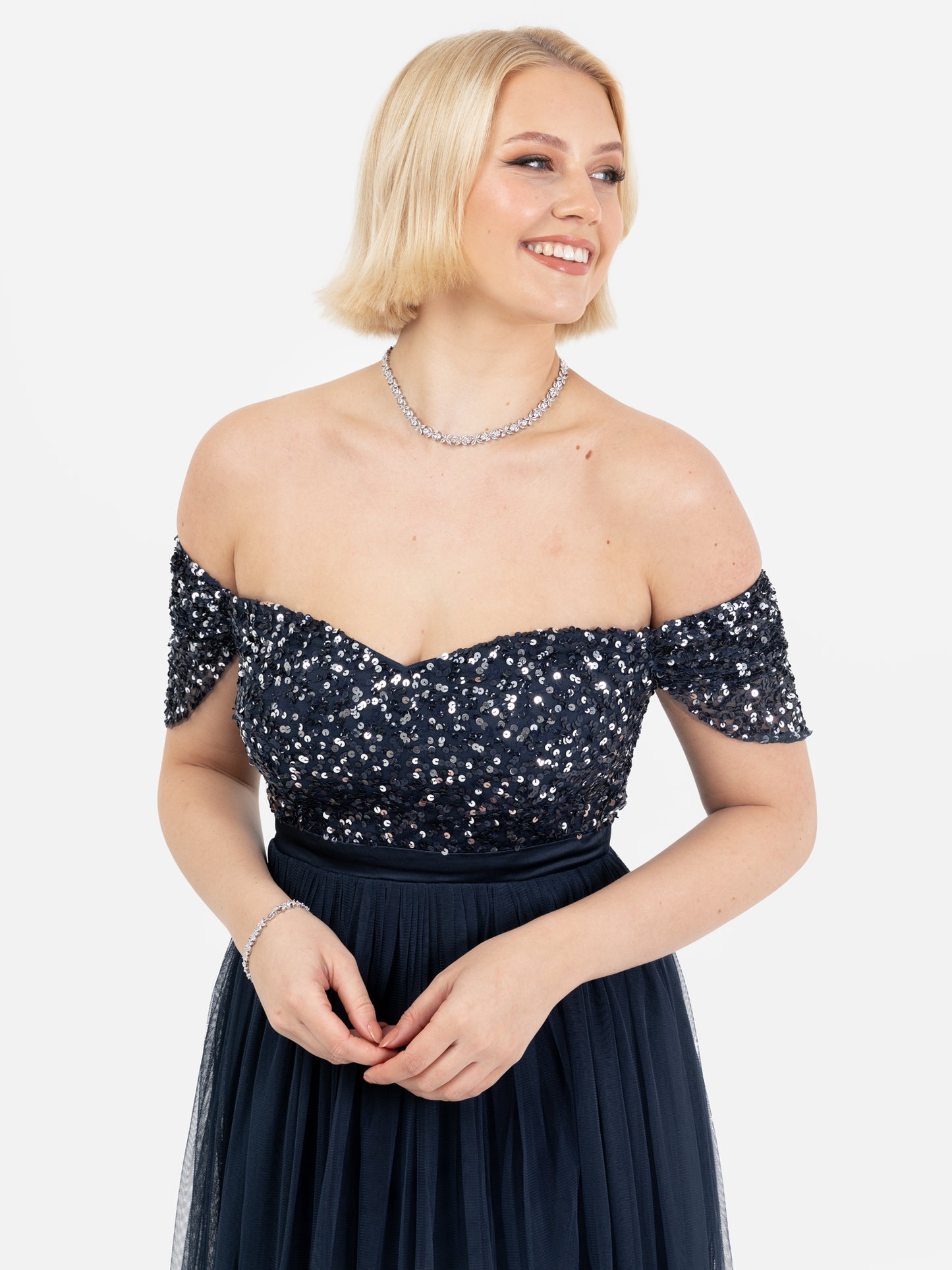 Maya Navy Embellished Sweetheart Bardot Maxi Dress with Skirt Split