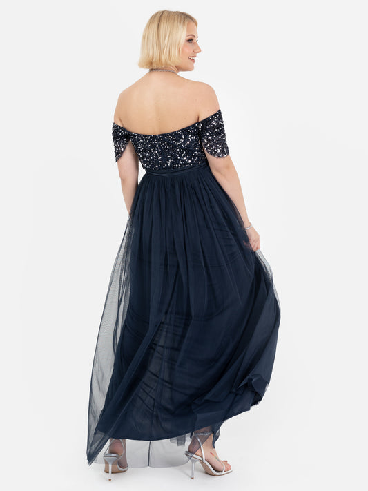 Maya Navy Embellished Sweetheart Bardot Maxi Dress with Skirt Split