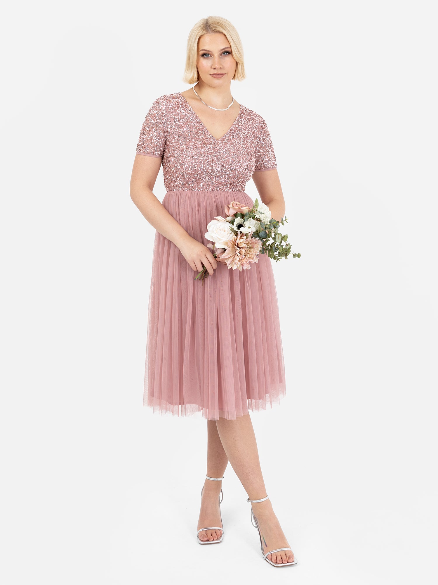 strapless open back dress Maya Dusty Pink V Neckline Embellished Midi Dress – Maya Deluxe