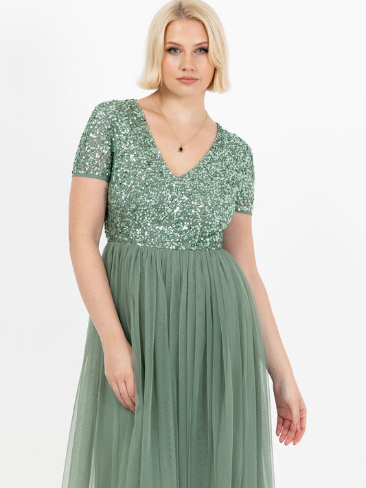 Maya Dark Sage Green V Neckline Embellished Midi Dress
