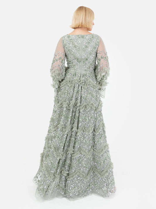 Maya Sage Green Fully Embellished Maxi Dress With Frill Detail