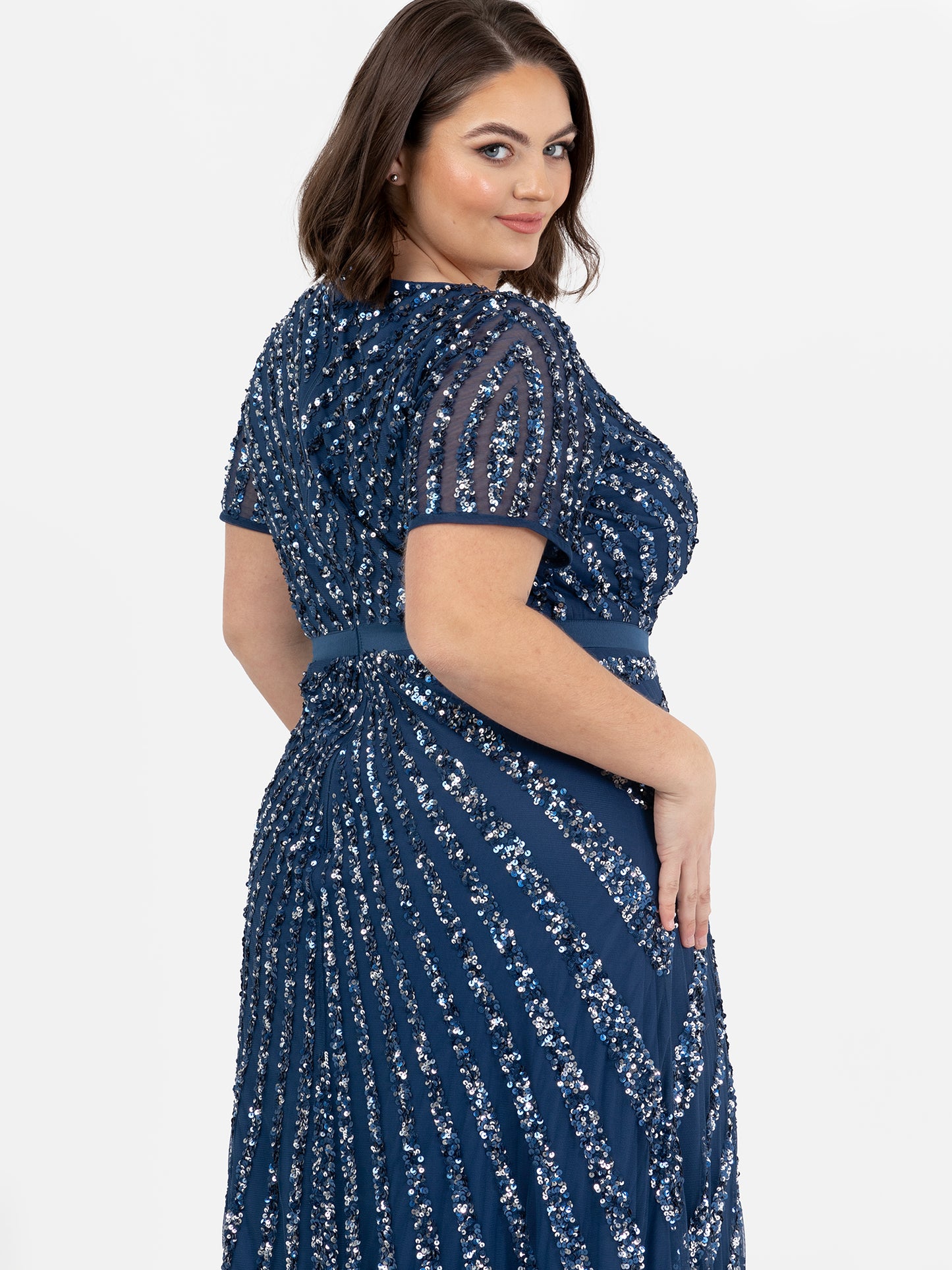 Maya French Navy Short Sleeve Stripe Embellished Maxi Dress