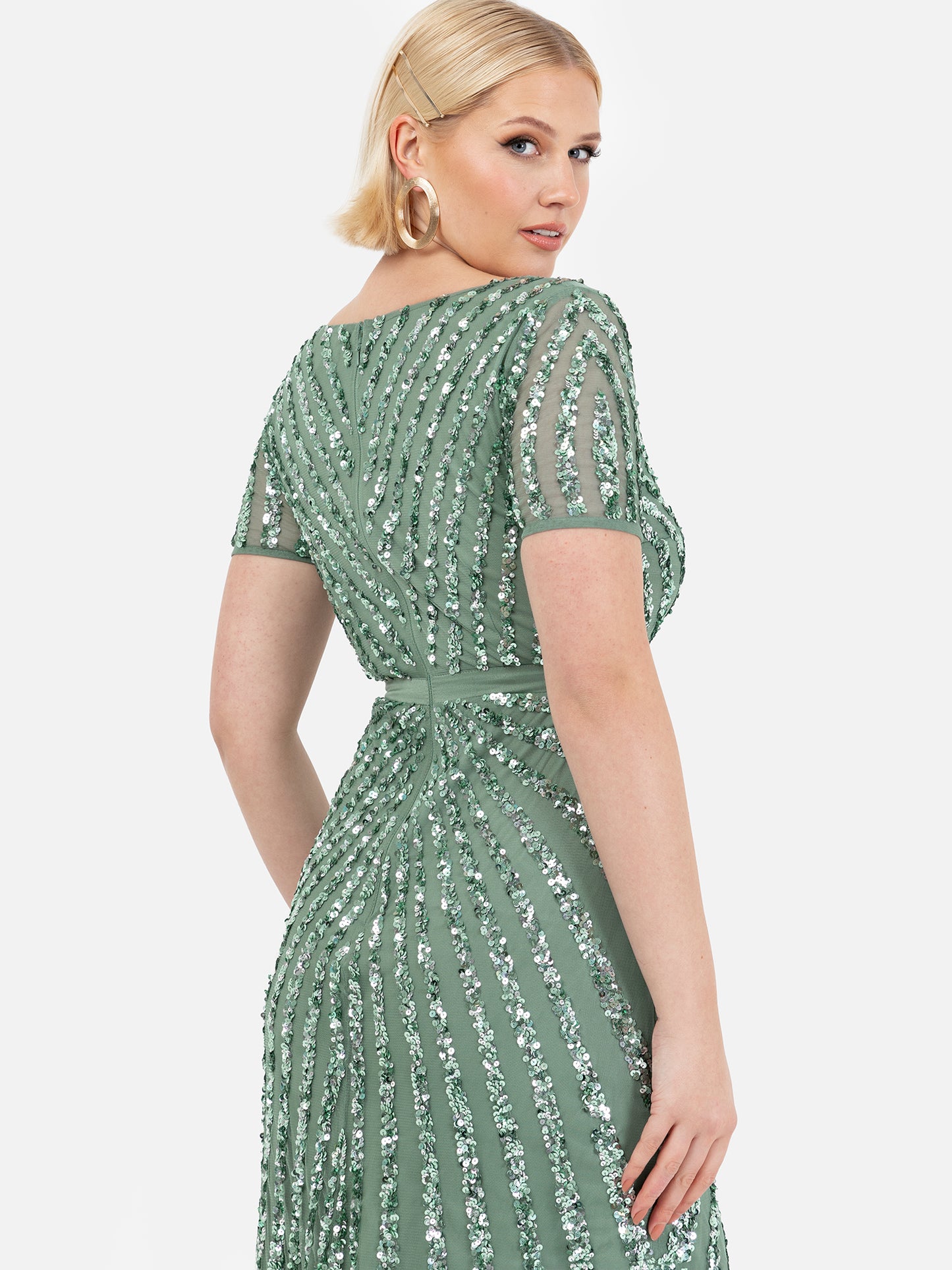 Maya Dark Sage Green Short Sleeve Stripe Embellished Maxi Dress