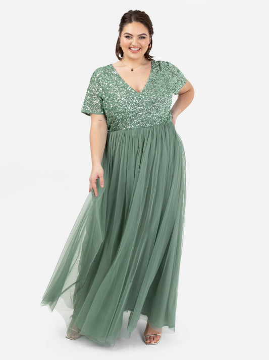 Maya Dark Sage Green V Neckline Embellished Maxi Dress