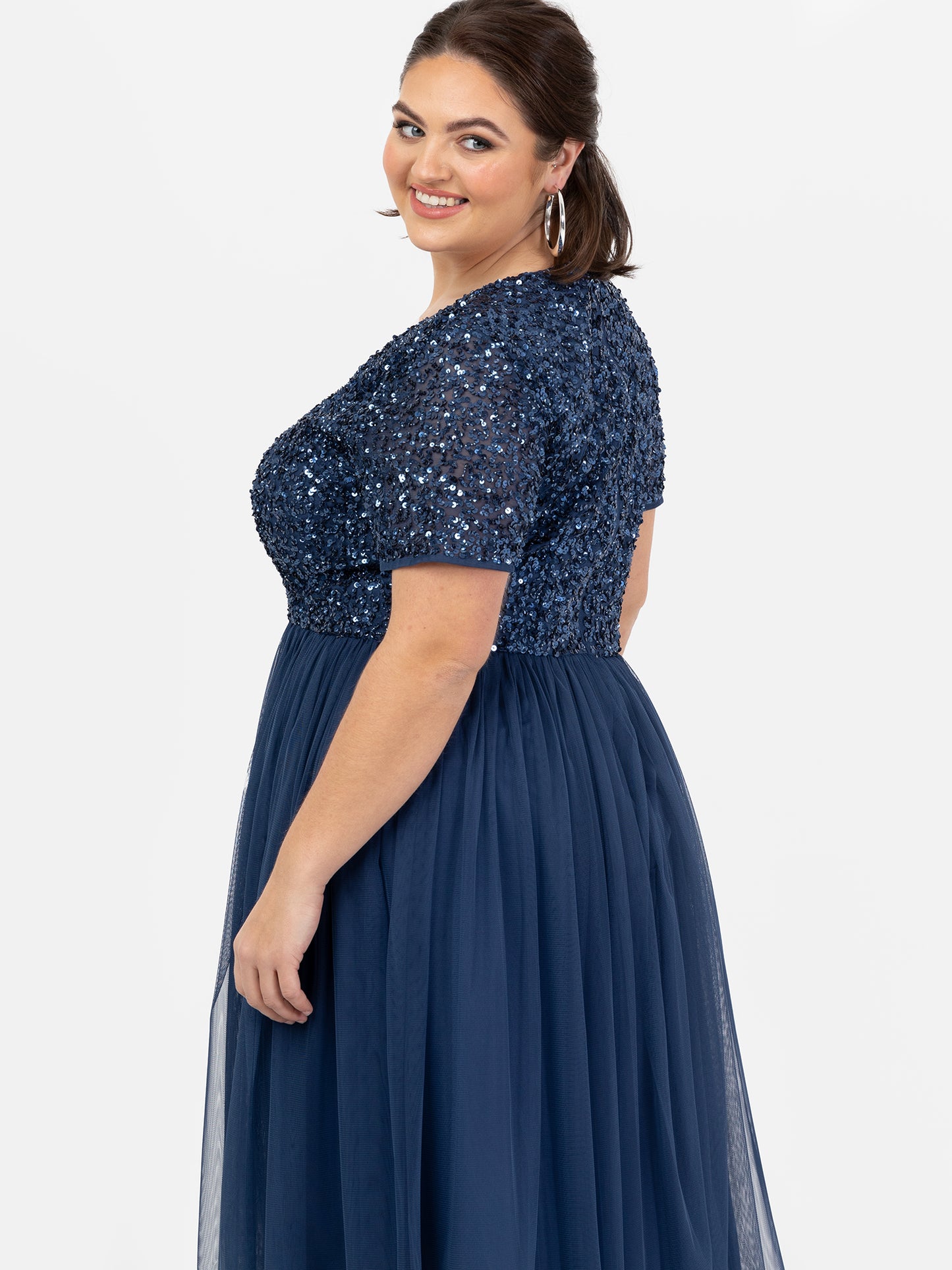 Maya French Navy V Neckline Embellished Midi Dress