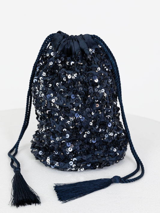 Maya Navy Embellished Drawstring Purse