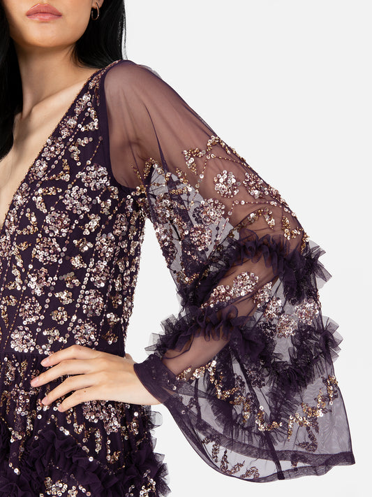 Maya Purple Fully Embellished Maxi Dress With Frill Detail