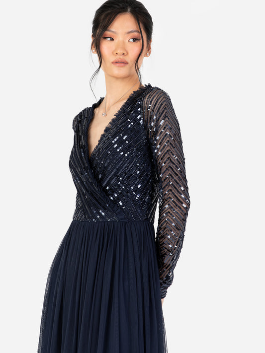 Maya Navy Stripe Embellished Faux Wrap Bodice Maxi Dress