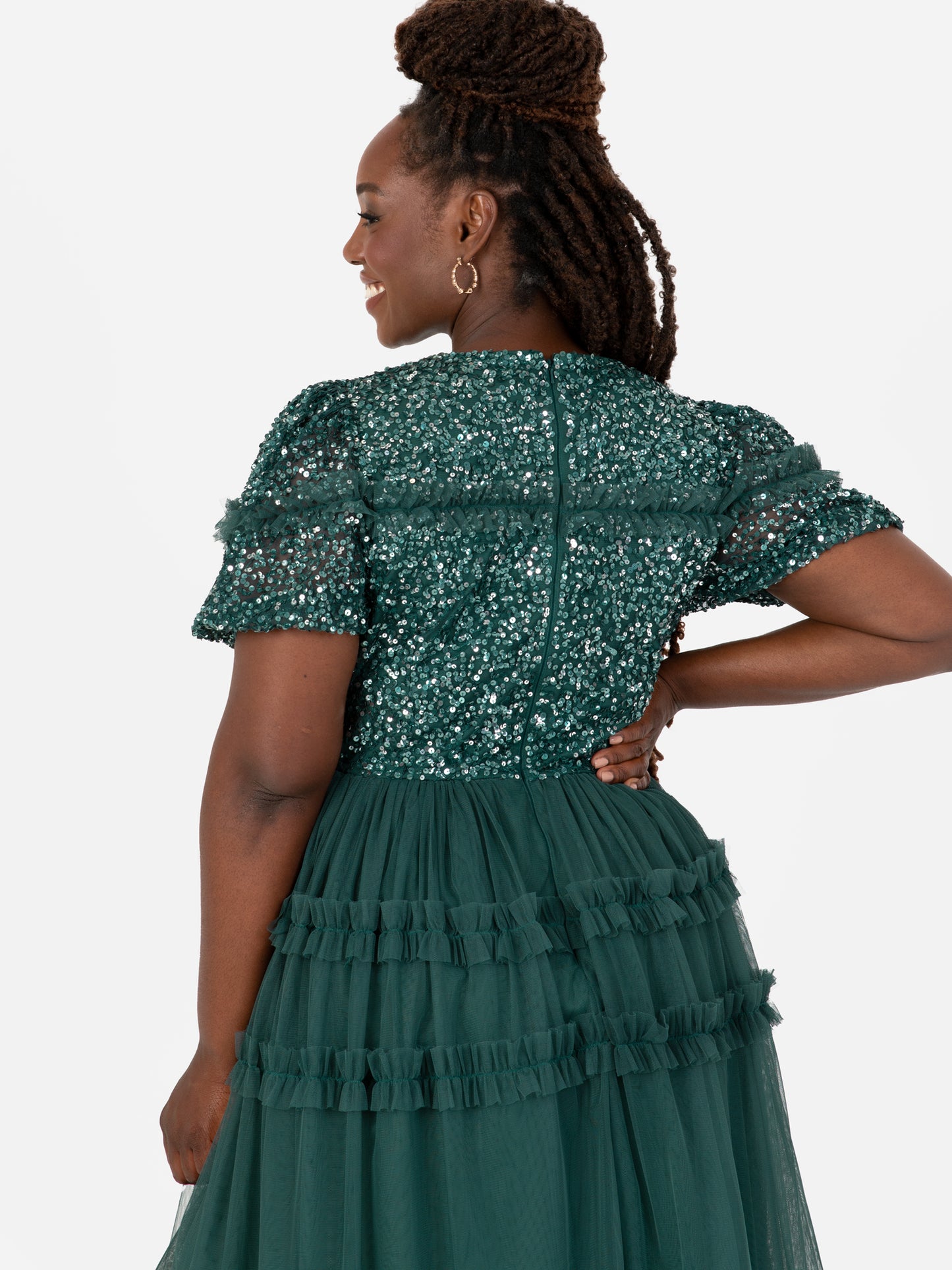 Maya Emerald Green Embellished Short Sleeve Midi Dress