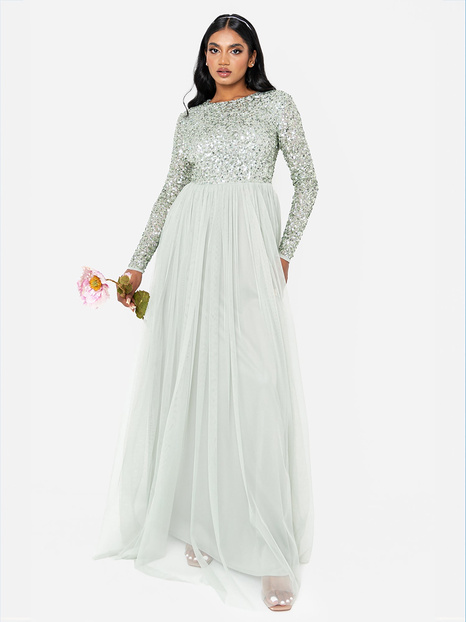 Maya Sage Green Embellished Long Sleeve Maxi Dress – Maya Deluxe