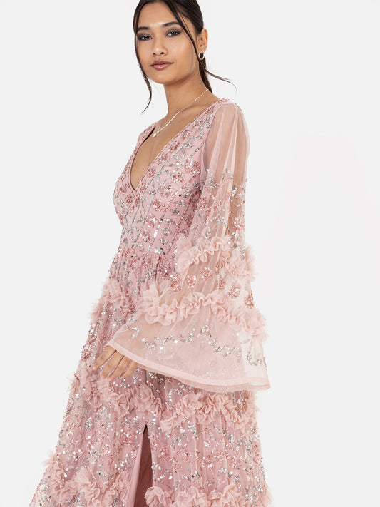 Maya Pink Fully Embellished Maxi Dress with Frill Detail