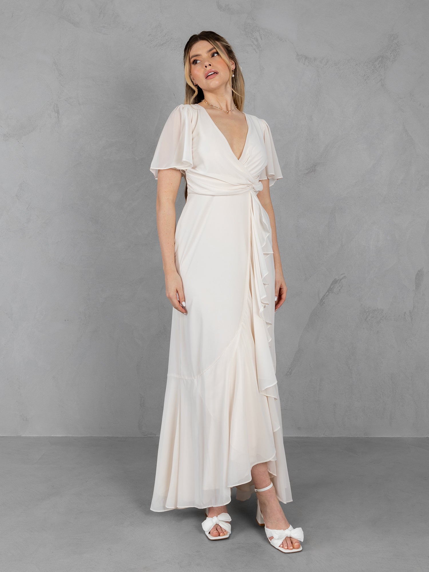 Anaya With Love Recycled Ivory Faux Wrap Ruffle Maxi Dress  Maya Deluxe