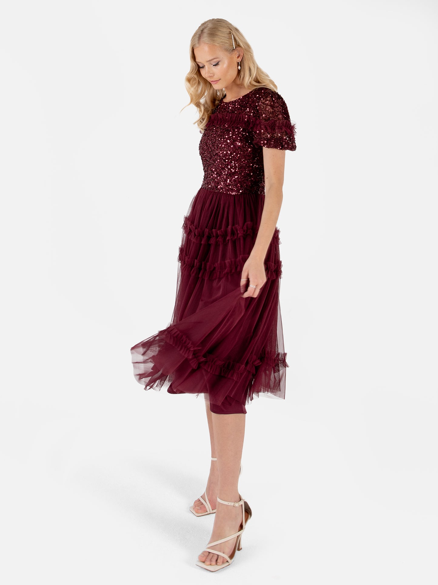 Maya Red Embellished Short Sleeve Midi Dress