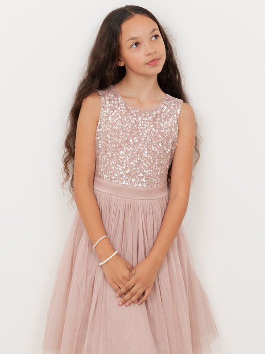 Mini Maya Frosted Pink Delicate Sequin Midi Dress with Bow