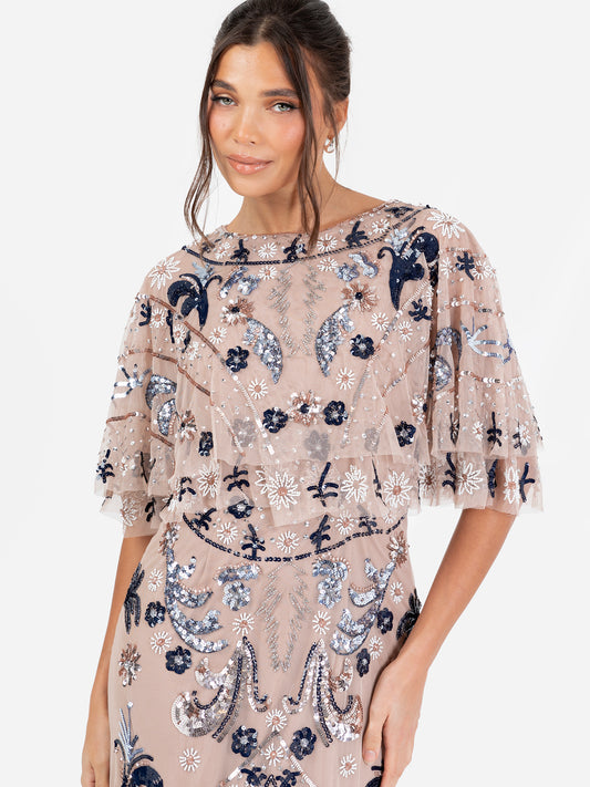 Maya Taupe Blush Fully Embellished Cape Sleeve Maxi Dress