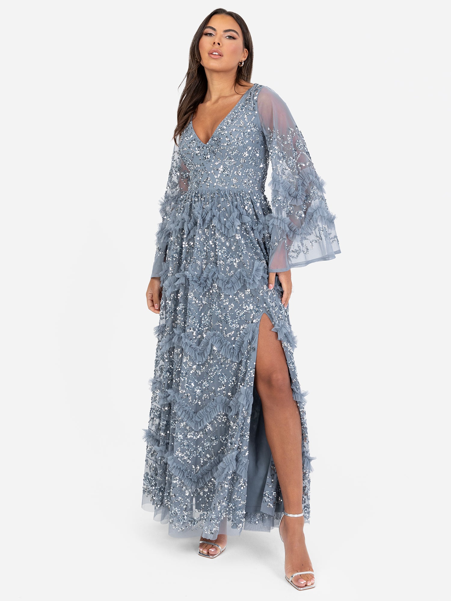 Maya Dusty Blue Fully Embellished Maxi Dress with Frill Detail Maya Deluxe Maya Dusty Blue Fully Embellished Maxi Dress with Frill Detail Maya Deluxe