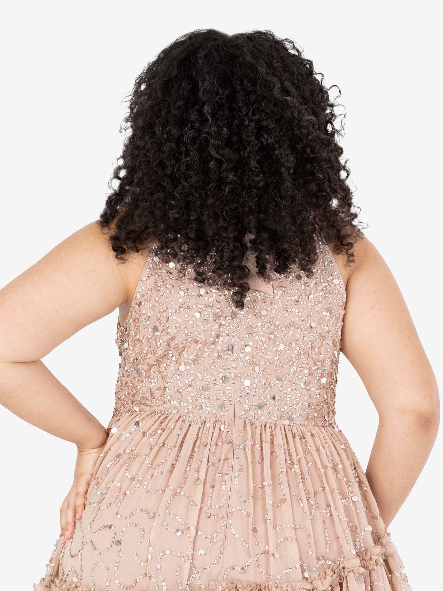 Maya Taupe Blush Fully Embellished Halter Neck Maxi Dress