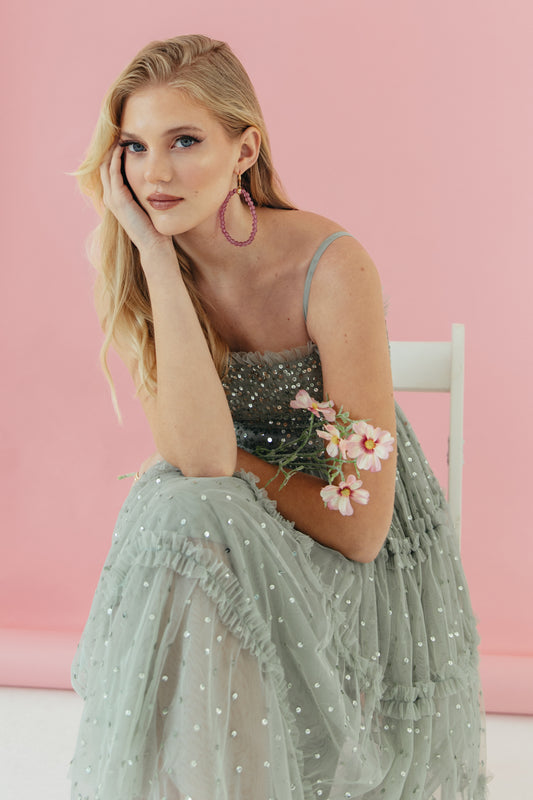 Maya Sage Green Embellished Cami Midi Dress with Frill Detail