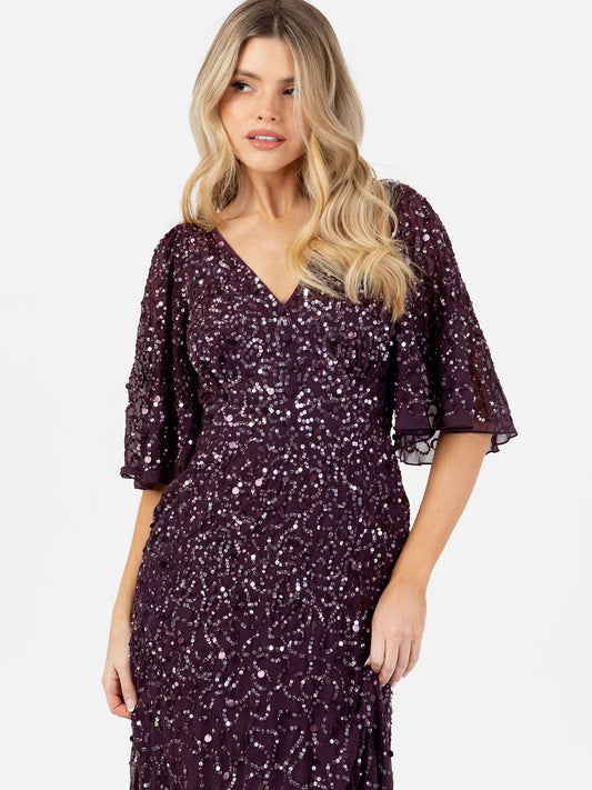 Maya Berry Embellished Angel Sleeve Maxi Dress with Button Detail